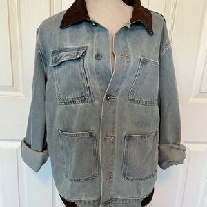 New With Tags Light Blue Denim Jacket with Brown Contrast Collar XS